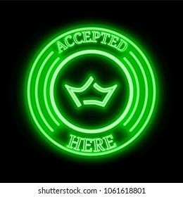 Crown (CRW) green  neon cryptocurrency symbol in round frame with text "Accepted here". Vector illustration isolated on black background