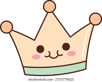 Crown with cute face, rounded points, blush cheeks, and clean linework. Symbol of royalty, reward, leadership, status, and celebration with friendly charm. Cartoon vector illustration.