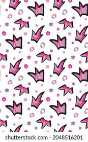 Crown cute vector seamless pattern. Hand drawn black ink brush stroke, pink watercolor effect, decorative circles, star. White easy editable color background