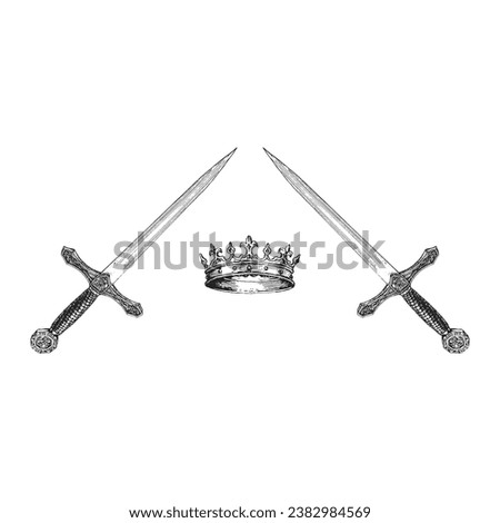 Crown and Daggers, vector illustration in engraving style, hand drawn esoteric symbols, vintage occult signs