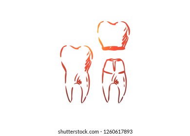 Crown, dental, root, tooth, health concept. Hand drawn teeth with crown concept sketch. Isolated vector illustration.