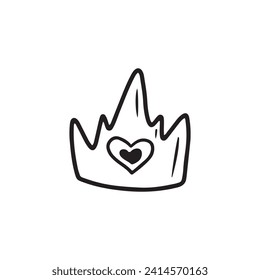 Crown diadem with jewelry stone in shape of heart in black isolated on white background. Hand drawn vector sketch illustration in doodle vintage engraved outline, line art style. Love, queen, king.