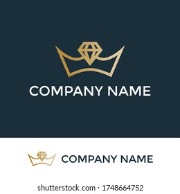 Plantilla de diseño del logotipo del diamante de la corona. Corona con diamante en el medio, usa corona dorada 