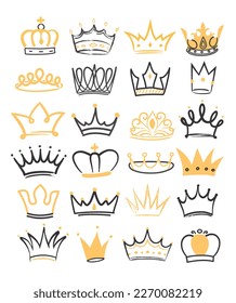 Crown doodle icons set. Collection of diadema for queen, king and princess. Imperial kingdom, monarchy and aristocracy, Medieval Age. Cartoon flat vector illustrations isolated on white background