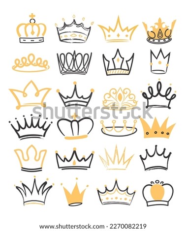 Crown doodle icons set. Collection of diadema for queen, king and princess. Imperial kingdom, monarchy and aristocracy, Medieval Age. Cartoon flat vector illustrations isolated on white background