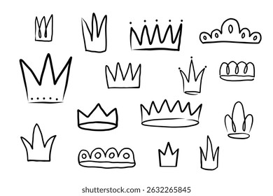 Crown doodle vector illustration on isolated background. Crowns ink hand drawn sketch for sign, print, stickers, logo, tattoo, card. Design festive princess elements for birthday, party, poster, flyer