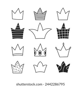 Crown doodle vector set. Hand drawn illustrations. Royal king queen prince princess symbols. Isolated black line art on white background.