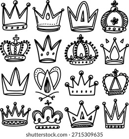 Crown Doodle Vector Set, Hand Drawn Royal Tiara Clipart Collection