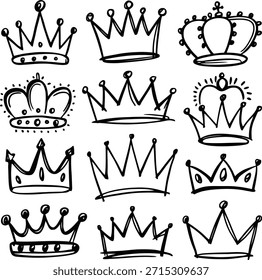 Crown Doodle Vector Set, Hand Drawn Royal Tiara Clipart Collection
