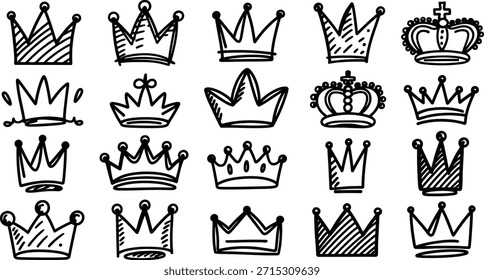 Crown Doodle Vector Set, Hand Drawn Royal Tiara Clipart Collection