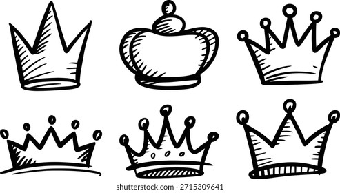 Crown Doodle Vector Set, Hand Drawn Royal Tiara Clipart Collection
