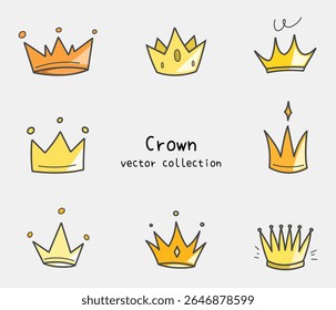Crown doodles illustration vector isolated collection set. Clip art cartoon of crown with gold and shining color for decoration, material, asset, design