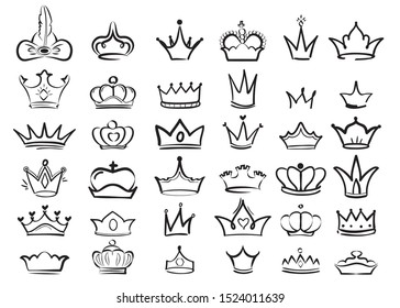Crown doodles. Imperial king diadem regal symbols majestic sketch vector set