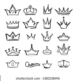 Doodles de la corona. Monarca imperial majestuoso Rey símbolos elegantes en estilo vectorial dibujado a mano