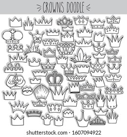 Crown Doodles, king, queen, princess, prince, tiara, Black & White Outline, wedding, monarch, royal, luxury, jewelry, icon, logo, classic, freehand, collection, decorative, holiday, imperial, majesty