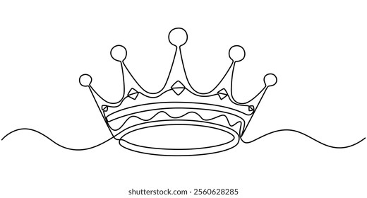 The crown is drawn in one continuous line on a white background, Crown of Queen Continuous Line Illustration, Royal Crown drawing with one continuous line. Vector editable illustration, Continuous one