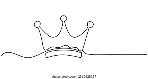 The crown is drawn in one continuous line on a white background, Crown of Queen Continuous Line Illustration, Royal Crown drawing with one continuous line. Vector editable illustration, Continuous one