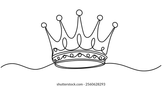 The crown is drawn in one continuous line on a white background, Crown of Queen Continuous Line Illustration, Royal Crown drawing with one continuous line. Vector editable illustration, Continuous one