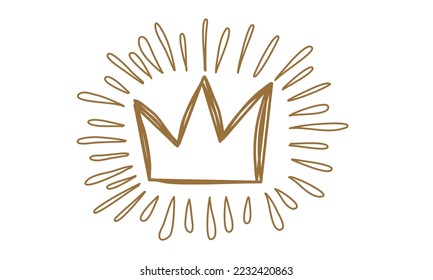 The crown is drawn in vintage style on a white background. Golden hand drawn pattern. Crown in vector, starburst, glitter, radiance. Linear sparkling explosion, crowns. marker line.