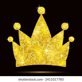 Crown embroidered with gold round sequins. Festive decor for birthday, party, invitation, event, award, celebration