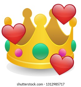 Crown Emoji with Hearts. Icon Communication Design. Chat Emoticon New Symbols.