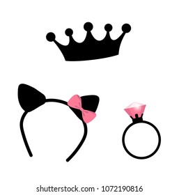 Crown, faux cat ears and a ring, girls party illustrations, vector clip-arts