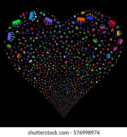 Crown fireworks with heart shape. Vector illustration style is flat bright multicolored iconic symbols on a black background. Object heart made from scattered pictographs.