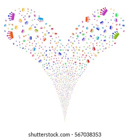Crown fireworks stream. Vector illustration style is flat bright multicolored iconic symbols on a white background. Object double fountain made from random pictographs.