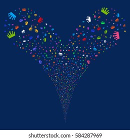 Crown fireworks stream. Vector illustration style is flat bright multicolored iconic symbols on a blue background. Object double fountain created from random pictographs.