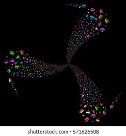 Crown fireworks swirl rotation. Vector illustration style is flat bright multicolored iconic symbols on a black background. Object twirl combined from random design elements.