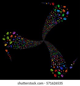 Crown fireworks swirl rotation. Vector illustration style is flat bright multicolored iconic symbols on a black background. Object whirl made from random icons.