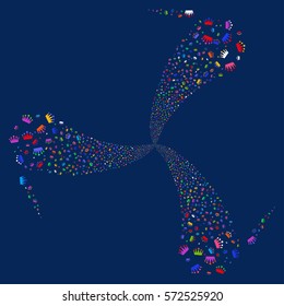 Crown fireworks swirl rotation. Vector illustration style is flat bright multicolored iconic symbols on a blue background. Object twirl organized from random symbols.