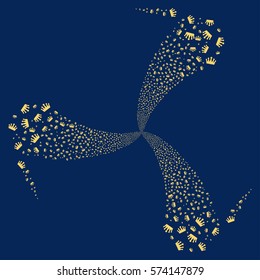 Crown fireworks swirl rotation. Vector illustration style is flat yellow iconic symbols on a blue background. Object whirl organized from random design elements.