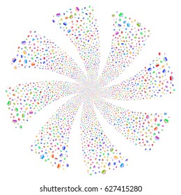 Crown fireworks swirl rotation. Vector illustration style is flat bright multicolored iconic symbols on a white background. Object twirl combined from random pictographs.