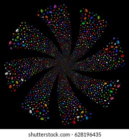 Crown fireworks swirl rotation. Vector illustration style is flat bright multicolored iconic symbols on a black background. Object whirlpool made from random design elements.