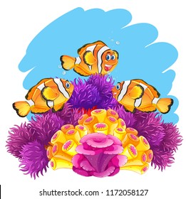 Crown fish playing in coral reef illustration