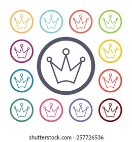 crown flat icons set. Open colorful buttons 