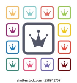 crown flat icons set. Open round colorful buttons. Vector 