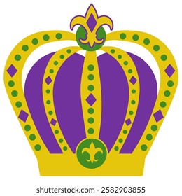 Crown with fleur-de-lis and gemstones for Mardi Gras masquerade, colorful decorations in traditional colors for holiday design, poster or flyer vector illustration