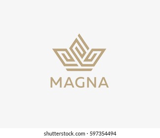 Crown Flower Logo Icon Vector Design. Premium House Hotel Spa Logotype. Royal King Linear Emblem.