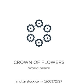 Crown of flowers icon. Thin linear crown of flowers outline icon isolated on white background from world peace collection. Line vector sign, symbol for web and mobile