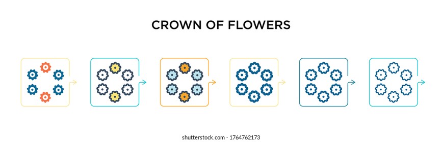 Corona de flores vectorial icono en 6 diferentes estilos modernos. Negro, corona de dos colores de iconos florales diseñados en el estilo relleno, contorno, línea y trazo. La ilustración vectorial puede utilizarse para la web, 