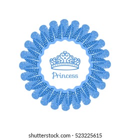 Crown in the frame of blue feathers. Illustration princess tiara symbol. Vector isolated on white background. Princess winter and cold.