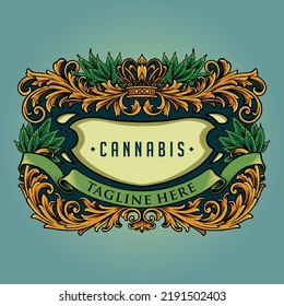 Crown frame cannabis elegant vintage vector illustrations for your work logo, merchandise t-shirt, stickers and label designs, poster, greeting cards advertising business company or brands