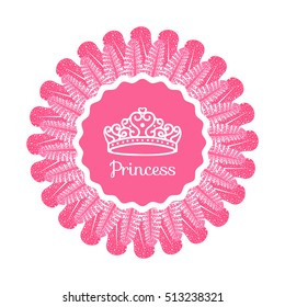 Crown in the frame of pink feathers. Illustration princess tiara symbol. Vector isolated on white background.