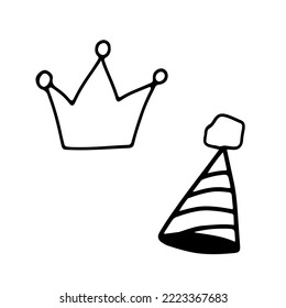 Crown and funny cap doodle. Hand drawn sketch isolated on white background.