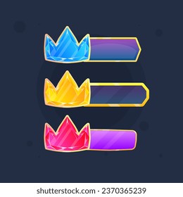 Crown Gem Icons  Bar In Golden Red Blue Colors Set With Gold Borders Isolated Cute Cartoon Game UI Vector Design