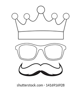 crown glasses and moustache icon cartoon in black and white vector illustration graphic design