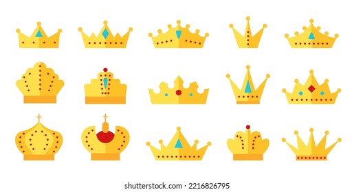 Crown gold flat icon set. King majestic luxury tiara. Prince queen princess diadem imperial authority symbol. Crowns monarch golden jewelry wealth sign. Royal heraldic decoration isolated on white