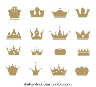 Crown gold icons set. Collection of graphic elements for website. Heraldic diadema for queen, king and princess. Monarch and kingdom. Cartoon flat vector illustrations isolated on white background